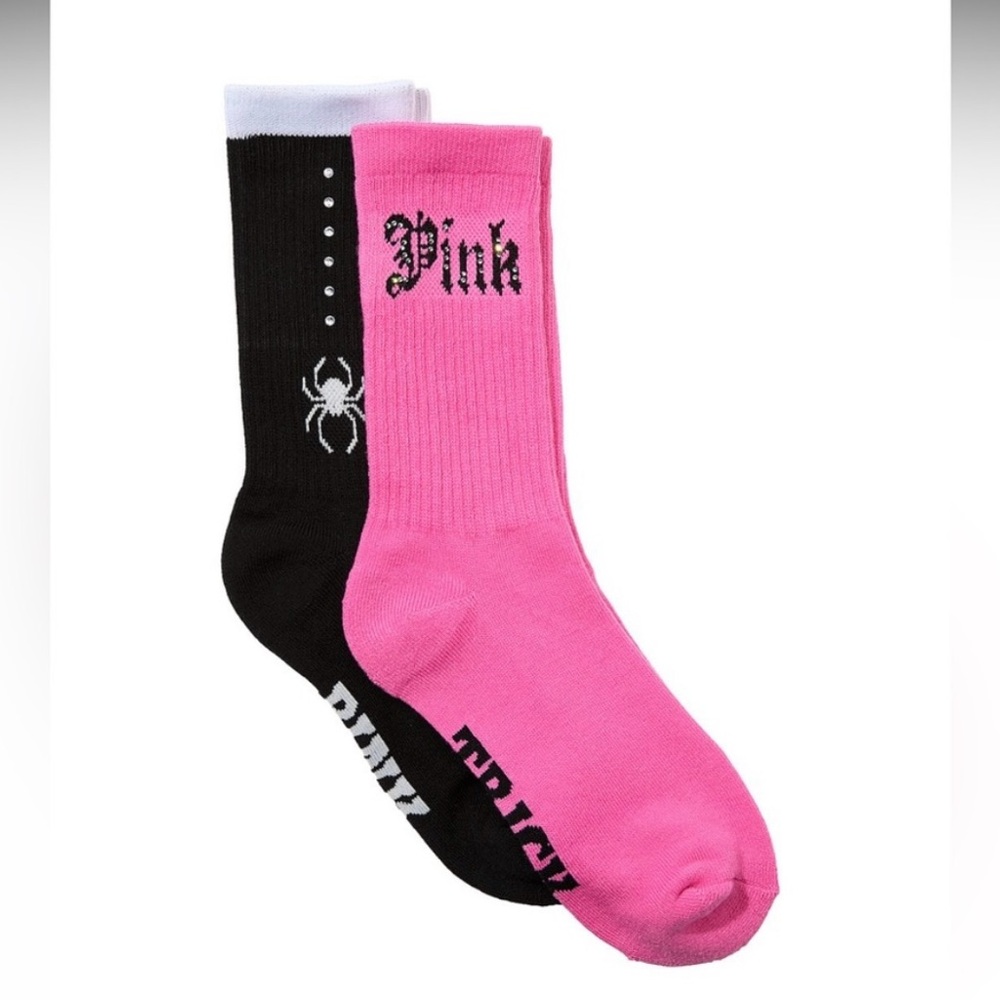 VS PINK Halloween Spider & Bling Logo 2-Pack Crew Socks NEW